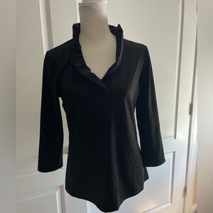 J McLaughlin Size M 3/4 length Sleeve, Ruffle V Neck Black Blouse